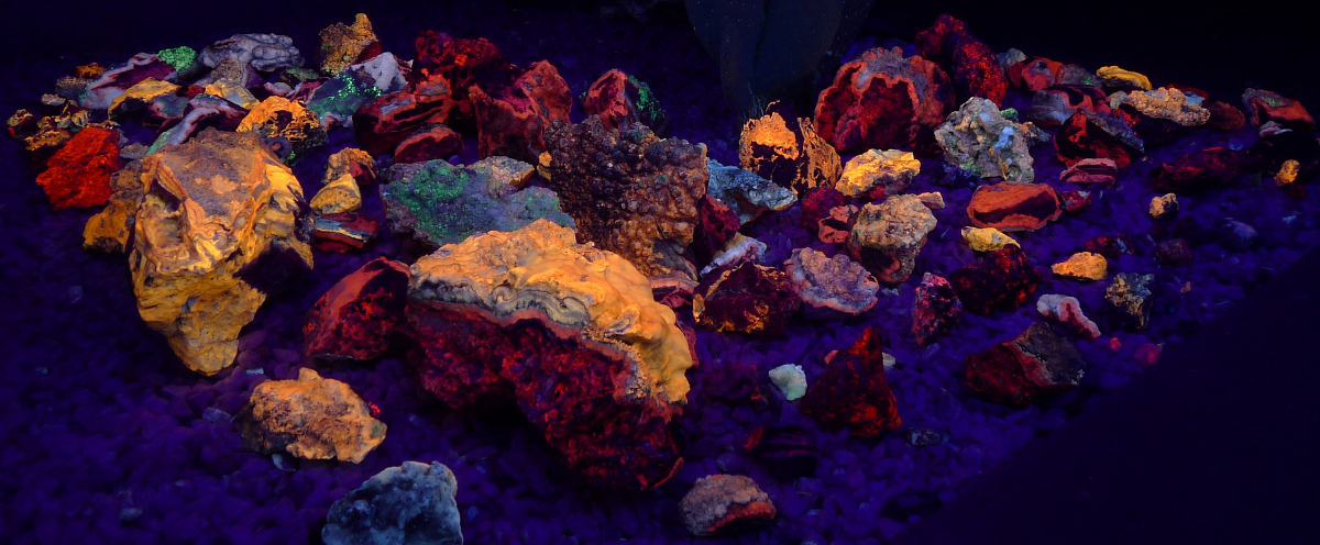 Rock Garden - calite (red/orange/green/white), aragonite (yellow/gold), and hyalite (green)