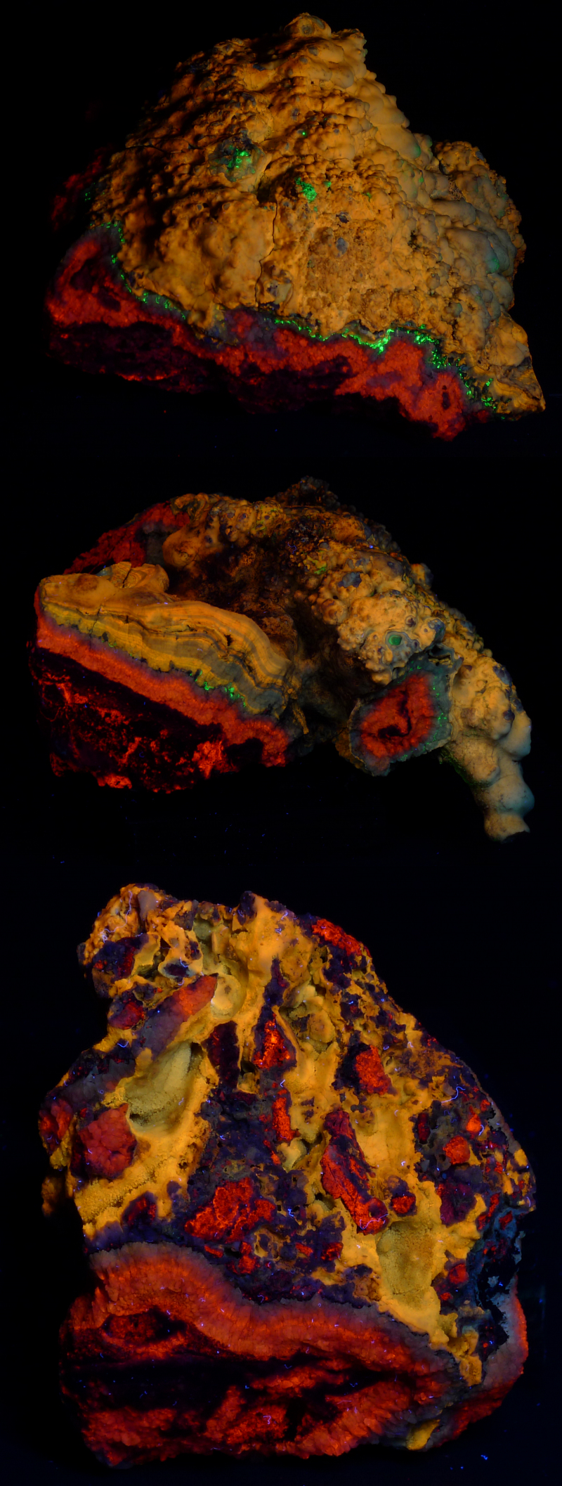 Orange calcite, green hyalite, yellow travertine, green aragonite; top 28 cm, middle 18 cm, bottom 8 cm