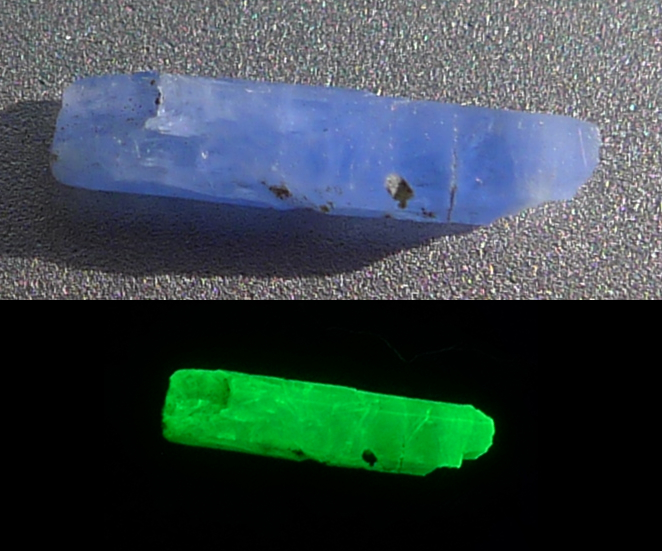 Blue willemite crystal, 8 mm in length; white light and shortwave.